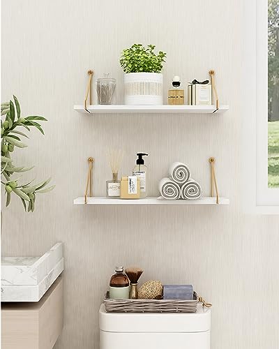 SUMGAR White Floating Shelves 16 Inch Gold Wall Mounted Floating Shelf for Bathroom Bedroom Kitchen Office Set of 2 Modern Wood Haing Shelf for Plant Book Storage and Display