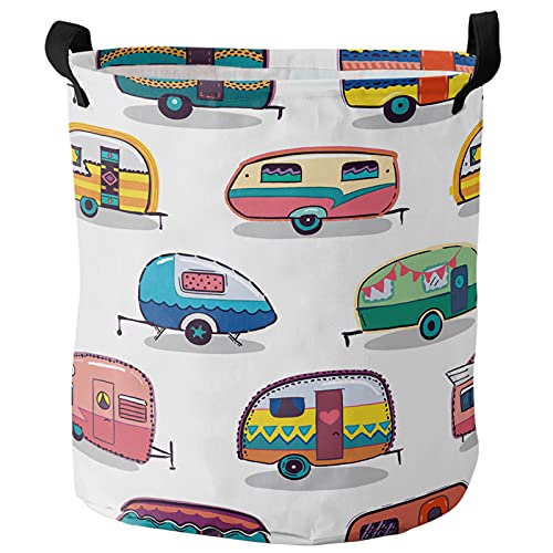 Laundry Basket Summer Camping Rv Cartoon Car,Waterproof 60L Collapsible Clothes Hamper Colorful Truck on White,Large Storage Bag for Bedroom Bathroom