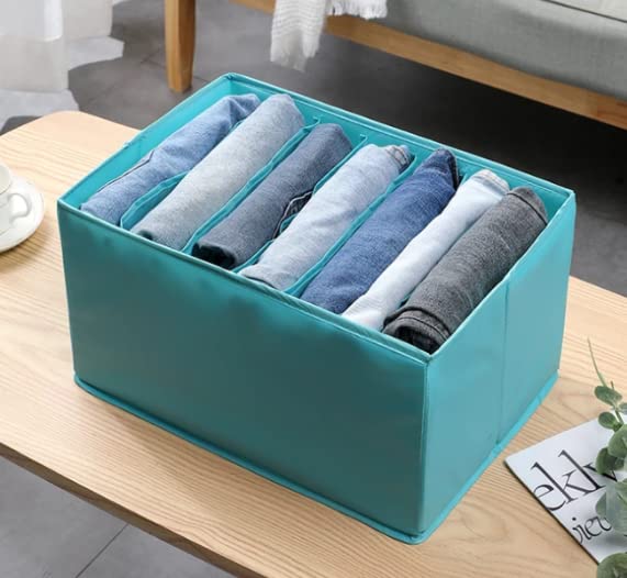 Clothing & Drawer Organizer Bins, Pack of 2 Premium Quality 9-Grid Fabric Storage Containers with Handles, Sea Green & Navy Sea Green Dark blue