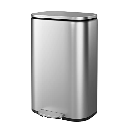 finetones Trash Can, Stainless Steel Garbage Can with Silent Lid, Durable Pedal & Inner Bucket, Pedal Garbage Bin for Kitchen Inside Outside (50L, Silver)