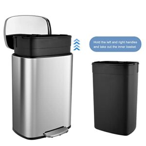 finetones Trash Can, Stainless Steel Garbage Can with Silent Lid, Durable Pedal & Inner Bucket, Pedal Garbage Bin for Kitchen Inside Outside (50L, Silver)