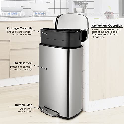 finetones Trash Can, Stainless Steel Garbage Can with Silent Lid, Durable Pedal & Inner Bucket, Pedal Garbage Bin for Kitchen Inside Outside (50L, Silver)