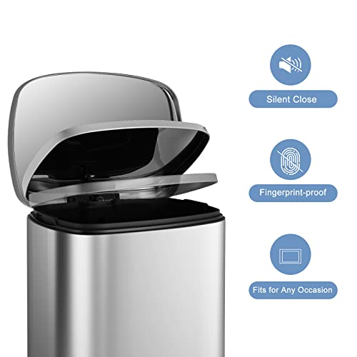 finetones Trash Can, Stainless Steel Garbage Can with Silent Lid, Durable Pedal & Inner Bucket, Pedal Garbage Bin for Kitchen Inside Outside (50L, Silver)