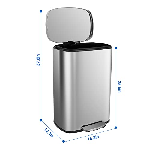 finetones Trash Can, Stainless Steel Garbage Can with Silent Lid, Durable Pedal & Inner Bucket, Pedal Garbage Bin for Kitchen Inside Outside (50L, Silver)