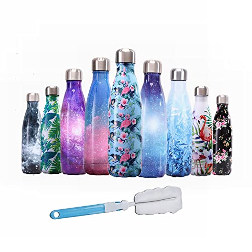 17oz Stainless Steel Travel Water Bottles, Double Wall Vacuum Insulated Reusable Leakproof BPA Free Cola Shape Thermos With Cleaning Brush, 24 Hours Cold 12 Hours Hot Metal Water Bottle, Blue Flamingo