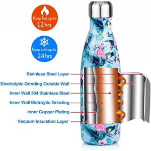 17oz Stainless Steel Travel Water Bottles, Double Wall Vacuum Insulated Reusable Leakproof BPA Free Cola Shape Thermos With Cleaning Brush, 24 Hours Cold 12 Hours Hot Metal Water Bottle, Blue Flamingo