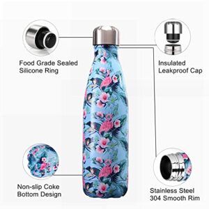 17oz Stainless Steel Travel Water Bottles, Double Wall Vacuum Insulated Reusable Leakproof BPA Free Cola Shape Thermos With Cleaning Brush, 24 Hours Cold 12 Hours Hot Metal Water Bottle, Blue Flamingo