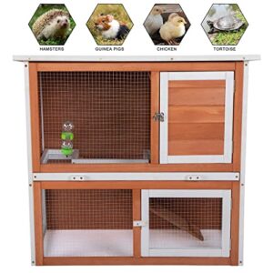 2-Story Wooden Rabbit Hutch Indoor Outdoor Guinea Pig Cage with Ventilation Door, Removable Tray, Ramp, Waterproof Roof, Water Bottles, Solid Wood Hamster/Bunny Hutch for Small Animals (Orange)