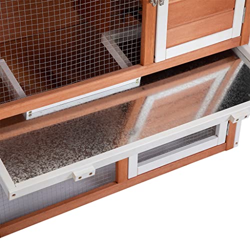 2-Story Wooden Rabbit Hutch Indoor Outdoor Guinea Pig Cage with Ventilation Door, Removable Tray, Ramp, Waterproof Roof, Water Bottles, Solid Wood Hamster/Bunny Hutch for Small Animals (Orange)