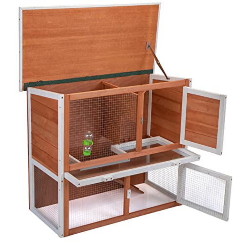 2-Story Wooden Rabbit Hutch Indoor Outdoor Guinea Pig Cage with Ventilation Door, Removable Tray, Ramp, Waterproof Roof, Water Bottles, Solid Wood Hamster/Bunny Hutch for Small Animals (Orange)