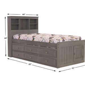 OS Home and Office Furniture Solid Pine Twin Captains Bookcase Bed with 6 Drawers in Charcoal Gray