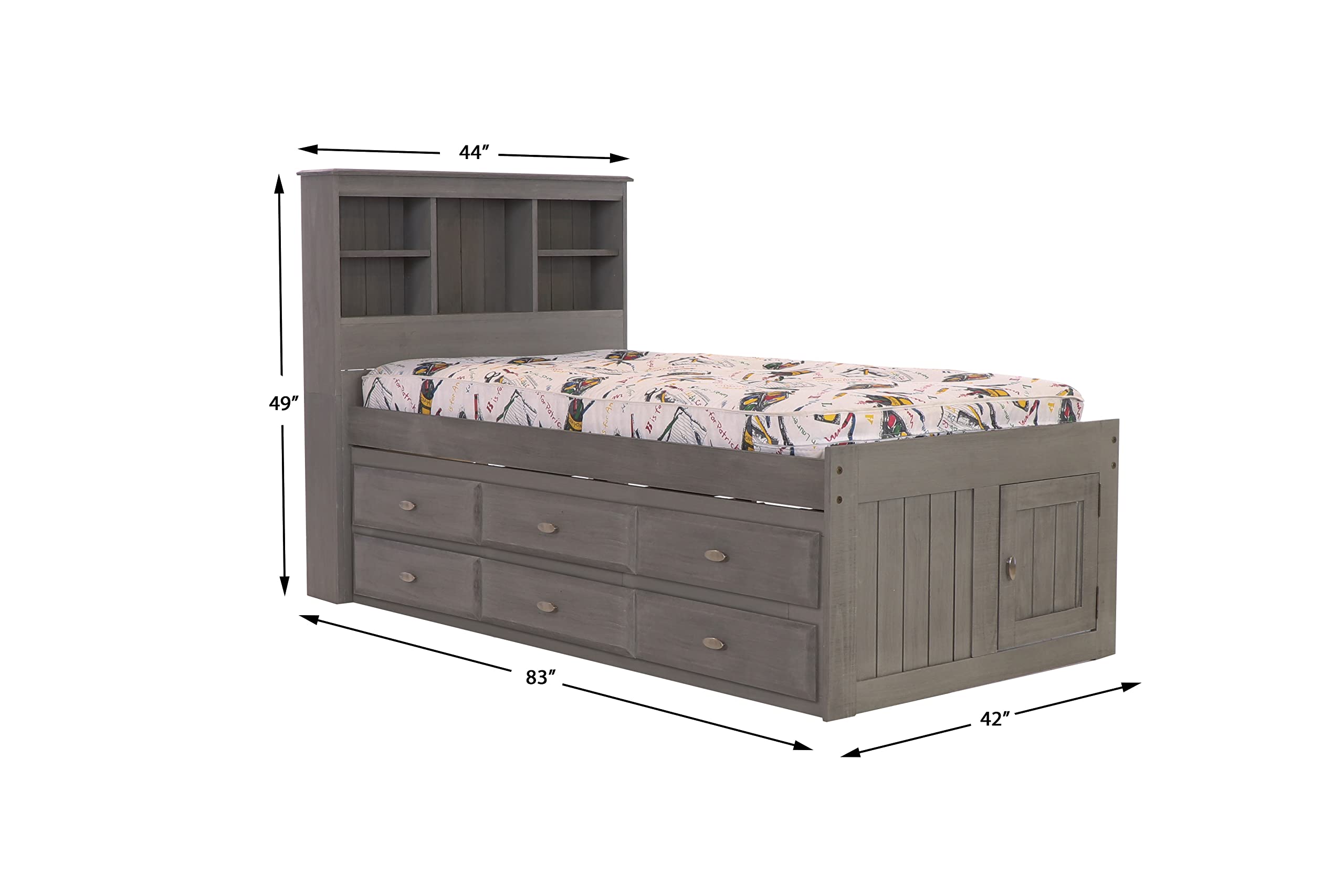 OS Home and Office Furniture Solid Pine Twin Captains Bookcase Bed with 6 Drawers in Charcoal Gray