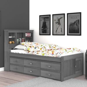 OS Home and Office Furniture Solid Pine Twin Captains Bookcase Bed with 6 Drawers in Charcoal Gray