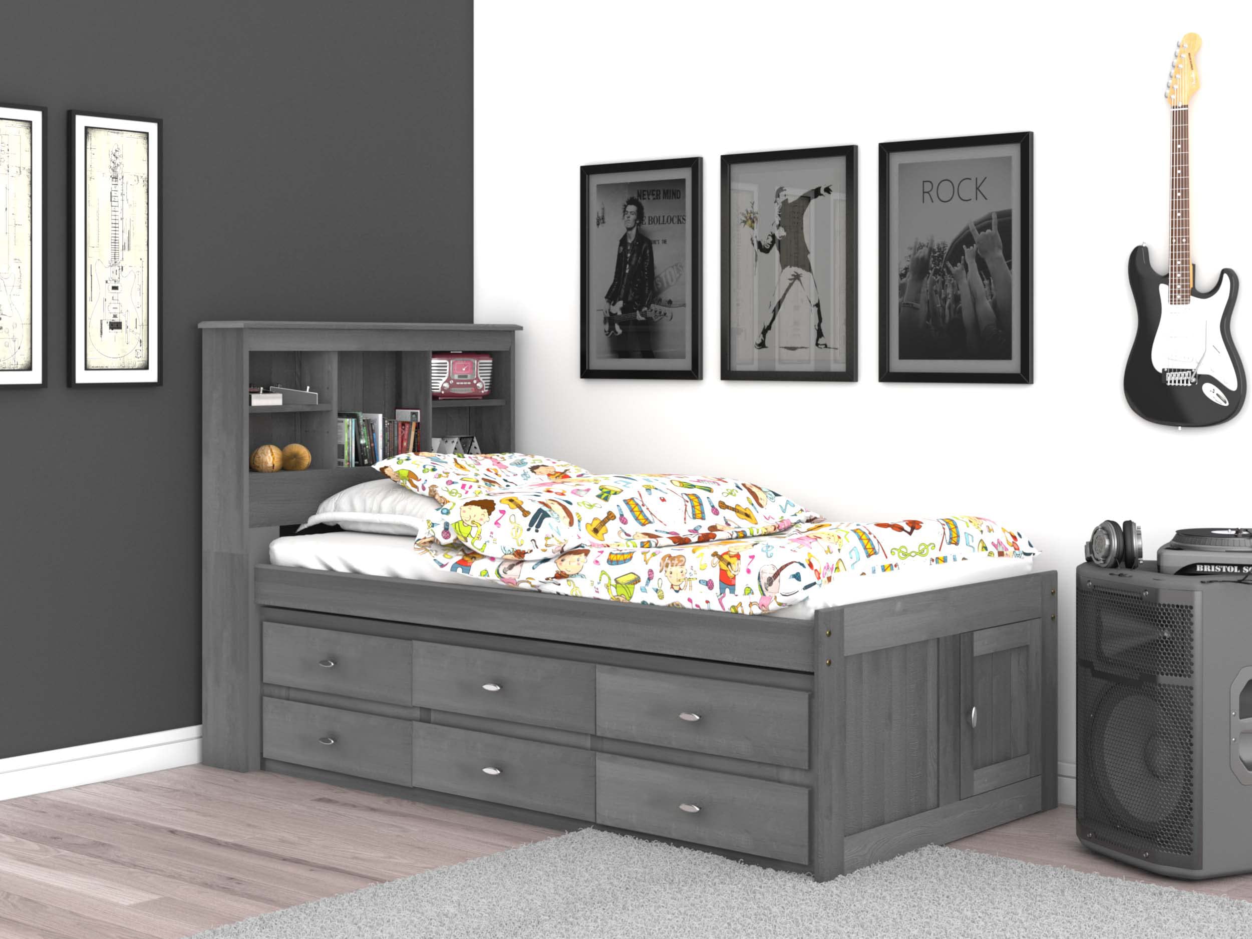 OS Home and Office Furniture Solid Pine Twin Captains Bookcase Bed with 6 Drawers in Charcoal Gray