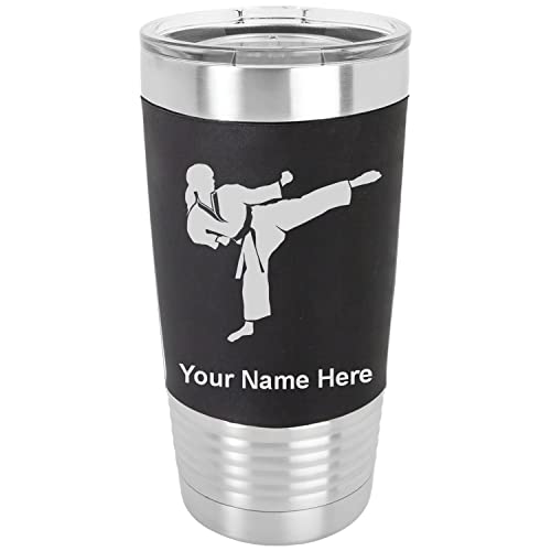 LaserGram 20oz Vacuum Insulated Tumbler Mug, Karate Woman, Personalized Engraving Included (Silicone Grip, Black)