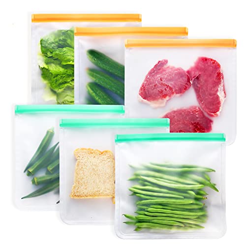 ZZWILLB Reusable Ziplock Bags Silicone - 6 Pack Reusable Freezer Bags - Leakproof Reusable Sandwich Bags BPA Free Snack Bags for Kids - Travel/Home Food Storage Bags