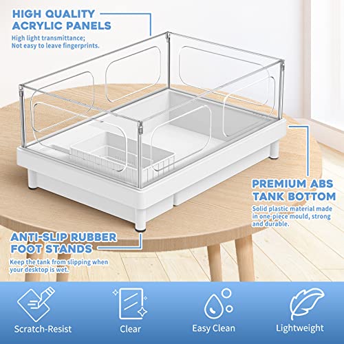 MoonOrange Small Turtle Tank, Turtle Aquarium, Acrylic Turtle Terrarium with Basking Platform, Bottom Drainage, Multi-Function Areas for Turtles, Crabs, Crayfish, Small Reptiles. (White Tank)