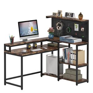 tiyase l shaped desk with hutch and pegboard organizer, 53 inch corner computer desk with storage shelves and monitor stand, large study writing workstation table for home office, rustic brown