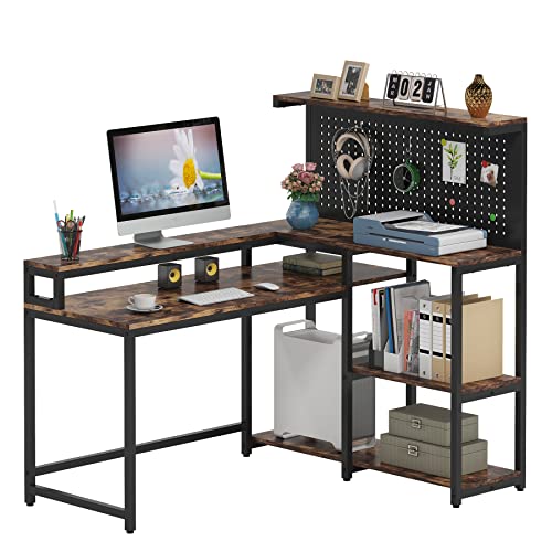 TIYASE L Shaped Desk with Hutch and Pegboard Organizer, 53 Inch Corner Computer Desk with Storage Shelves and Monitor Stand, Large Study Writing Workstation Table for Home Office, Rustic Brown