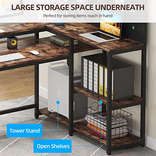 TIYASE L Shaped Desk with Hutch and Pegboard Organizer, 53 Inch Corner Computer Desk with Storage Shelves and Monitor Stand, Large Study Writing Workstation Table for Home Office, Rustic Brown