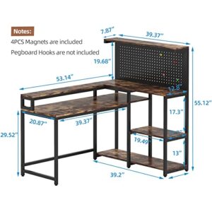 TIYASE L Shaped Desk with Hutch and Pegboard Organizer, 53 Inch Corner Computer Desk with Storage Shelves and Monitor Stand, Large Study Writing Workstation Table for Home Office, Rustic Brown