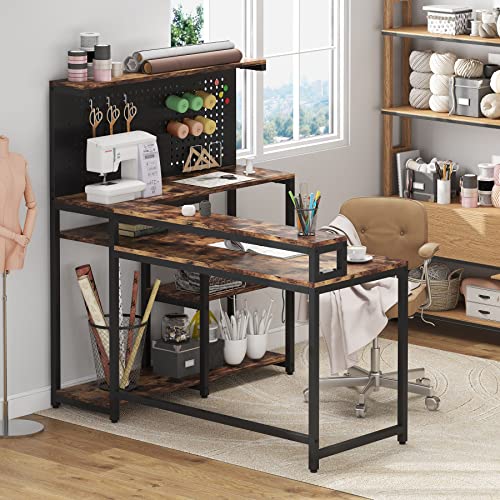 TIYASE L Shaped Desk with Hutch and Pegboard Organizer, 53 Inch Corner Computer Desk with Storage Shelves and Monitor Stand, Large Study Writing Workstation Table for Home Office, Rustic Brown