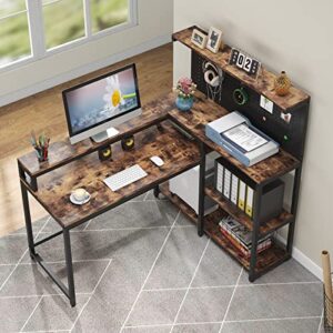 TIYASE L Shaped Desk with Hutch and Pegboard Organizer, 53 Inch Corner Computer Desk with Storage Shelves and Monitor Stand, Large Study Writing Workstation Table for Home Office, Rustic Brown