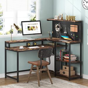 TIYASE L Shaped Desk with Hutch and Pegboard Organizer, 53 Inch Corner Computer Desk with Storage Shelves and Monitor Stand, Large Study Writing Workstation Table for Home Office, Rustic Brown