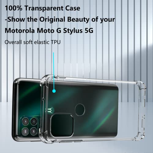 VAKS Crystal Clear Compatible with Moto G Stylus 5G (2021) Case with Tempered Glass Screen Protector [Shockproof Corners] Slim Thin Soft TPU Phone Case,Crystal Clear