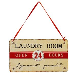 laundry room decor hanging laundry sign open 24 hours metal wall art - vintage farmhouse wash room accessories decorative iron home signs rustic bathroom décor
