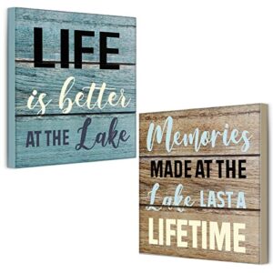2 pcs summer lake house decor memories at the lake life is better at the lake box sign wooden motivational decor rustic lake cabin home wall decor primitive country lake sign farmhouse kitchen decor