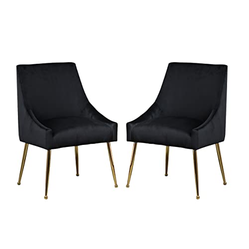 FUNESI Modern Velvet Accent Chair, Thick Sponge Upholstered Dining Chair with Golden Legs for Dining Room/Bedroom/Living Room/Office Set of 2(Black)