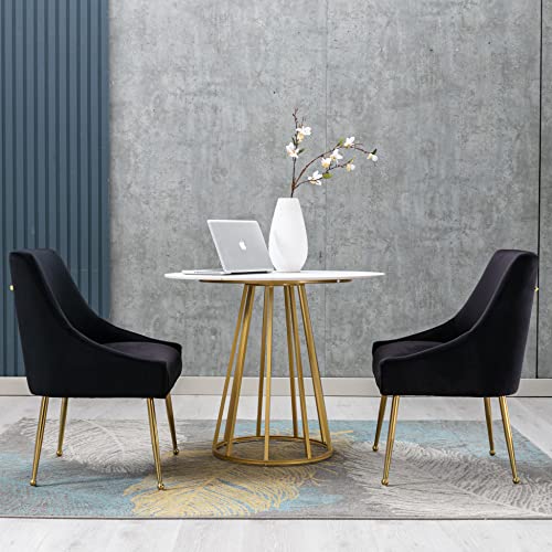 FUNESI Modern Velvet Accent Chair, Thick Sponge Upholstered Dining Chair with Golden Legs for Dining Room/Bedroom/Living Room/Office Set of 2(Black)