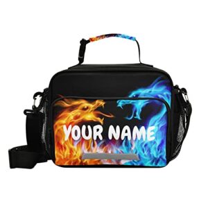 kfbe custom name water fire dragon lunch box insulated, lunch bags cooler tote bag with removable shoulder strap for boy one size