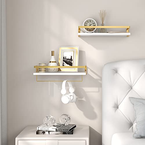 Afuly Floating Shelves White Hanging Shelves Wall Shelf for Toilet Bathroom Kitchen Bedroom Brass Wall Mounted Modern Luxury, Set of 2