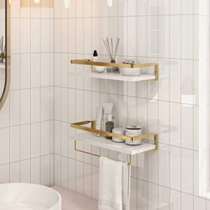 Afuly Floating Shelves White Hanging Shelves Wall Shelf for Toilet Bathroom Kitchen Bedroom Brass Wall Mounted Modern Luxury, Set of 2