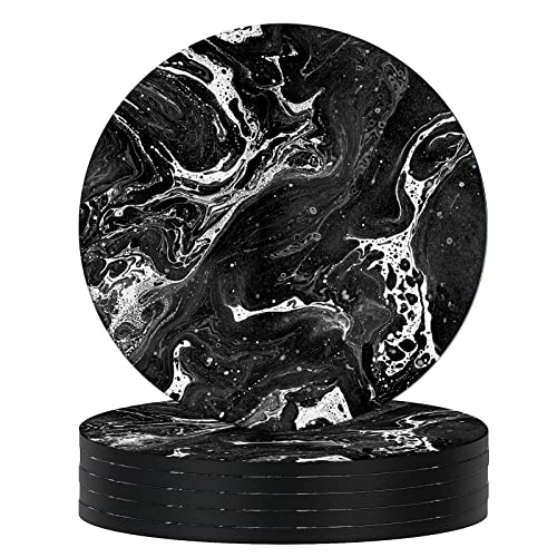 Swooflia Coasters for Drinks Coffee Table, Marble Black Aesthetic Modern Silicone Absorbent Cup Coaster Set Housewarming Gift Kitchen Home Wooden Desk Office Bar Tabletop Decor 6 Pack