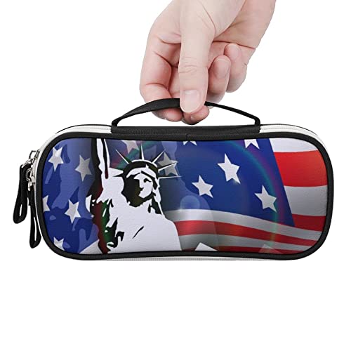 American Flag, The Statue of Liberty Printed Pencil Case Bag Stationery Pouch with Handle Portable Makeup Bag Desk Organizer