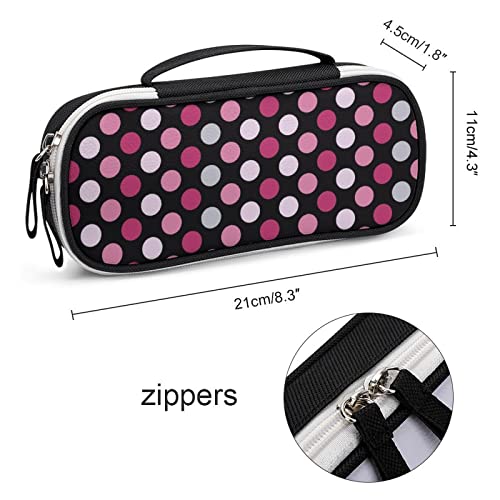 Pink Polka Dot Printed Pencil Case Bag Stationery Pouch with Handle Portable Makeup Bag Desk Organizer