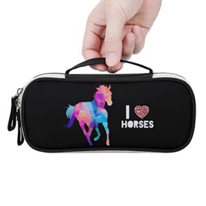 I Love Horses Printed Pencil Case Bag Stationery Pouch with Handle Portable Makeup Bag Desk Organizer
