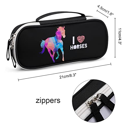 I Love Horses Printed Pencil Case Bag Stationery Pouch with Handle Portable Makeup Bag Desk Organizer