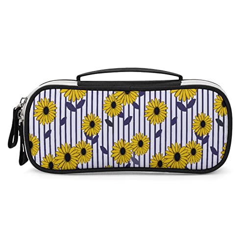 Sunflowers Striped Printed Pencil Case Bag Stationery Pouch with Handle Portable Makeup Bag Desk Organizer