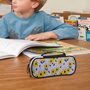 Sunflowers Striped Printed Pencil Case Bag Stationery Pouch with Handle Portable Makeup Bag Desk Organizer