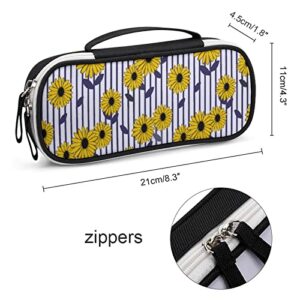 Sunflowers Striped Printed Pencil Case Bag Stationery Pouch with Handle Portable Makeup Bag Desk Organizer