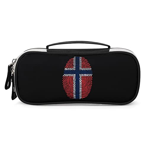 Norway Flag Fingerprint Printed Pencil Case Bag Stationery Pouch with Handle Portable Makeup Bag Desk Organizer