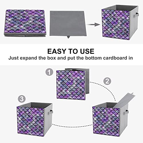 Puple Mermaid Scals Collapsible Storage Bins Basics Folding Fabric Storage Cubes Organizer Boxes with Handles