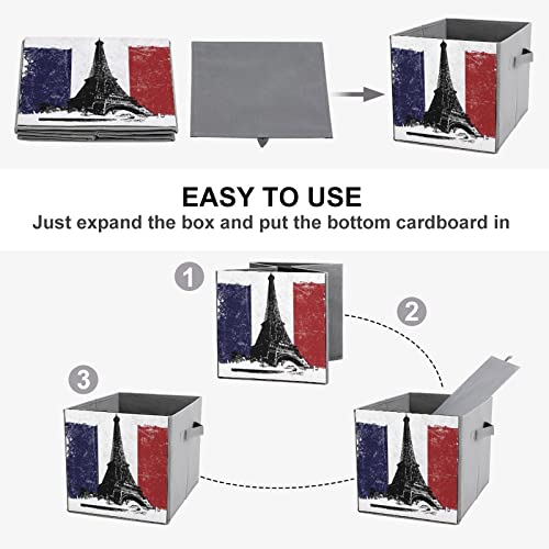 Eiffeltower France Flag Collapsible Storage Bins Basics Folding Fabric Storage Cubes Organizer Boxes with Handles