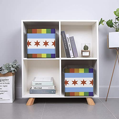 Chicago Pride Flag Rainbow Stripes Collapsible Storage Bins Basics Folding Fabric Storage Cubes Organizer Boxes with Handles