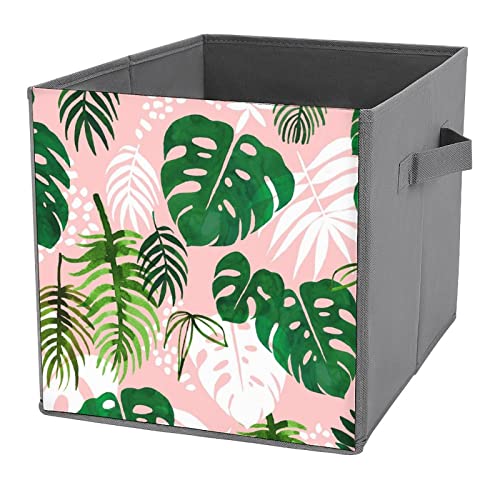 Pink Palm Leaves Collapsible Storage Bins Basics Folding Fabric Storage Cubes Organizer Boxes with Handles