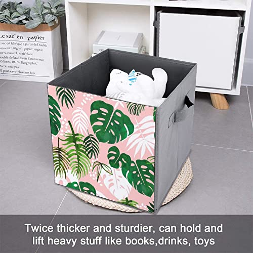 Pink Palm Leaves Collapsible Storage Bins Basics Folding Fabric Storage Cubes Organizer Boxes with Handles